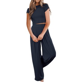 Ezbelle Womens Summer Casual Two Piece Outfit Lounge Set Crew Neck Short Sleeve Crop Tops and Pockets Long Pants Tracksuit Sweatsuits 2024 Navy Blue Large