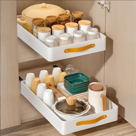 WQU Pull out Cabinet Organizer,Heavy Duty Slide Out Drawers for Kitchen Cabinets, Pantry Shelves Fixed With Adhesive Nano Film,Pull Out Drawers with Leather Handle,12" W x19 D x 2.5" H(1PC)