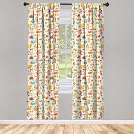 Ambesonne Cartoon Window Curtains Pack of 2, Autumn Pattern Owl Fox Squirrel Birds Animal Leaves Print, Lightweight Set with Rod Pocket, 4 Panels of - 28" x 63", Cream Orange