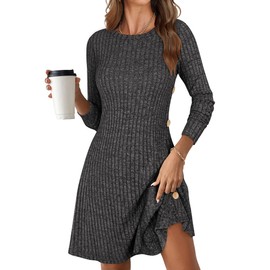 ANRABESS Womens Long Sleeve Ribbed Knit Sweater Dresses 2025 Fall Winter Casual Lounge Short Tunic Dress with Pockets Buttons Dark Grey Small