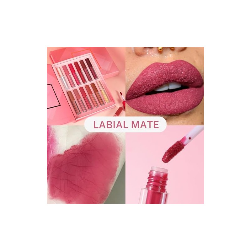 Labial Mate 12 piezas, Brillo de Labios Indelebles de Larga
