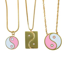 Yin Yang Necklace Set 3 Pack, Pink White Enamel Pendants, Heart & Rectangle Charms, Gold Tone Chains, Matching Friendship Best Friend Couple Jewelry Gift (Rectangle w/Pearls)