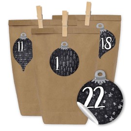 Papierdrachen Advent Calendar for Filling, 24 Gift Bags and 24 Number Stickers and Clips, Motif Baubles in Blackboard Look, for Filling and Crafting, Christmas, Mini Set No. 60
