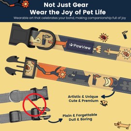 PawView Dog Collar with Smart ID Tag – Adjustable Soft Padded Heavy Duty Comfortable Dog Collar with Cute Pop Art Doodle Design for Small Medium Large Dogs (Dark Blue, Medium)