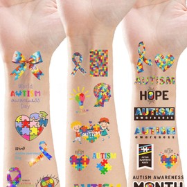 224 Pieces World Autism Awareness Ribbon Temporary Tattoos - Support Inspirational Autistic Birthday Party Supplies Favors Decorations Kids Tattoo Stickers(24 Sheets)