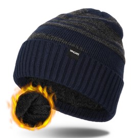 Wmcaps Men's Winter Hat, Thermal Winter Beanie Hat for Men and Women, Soft Wool Hat with Cuffs, Striped Knitted Hat, Warm Running Hat, Stretchy Thick Plush Ski Hat for Men, Navy blue and dark grey