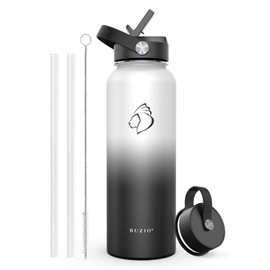 BUZIO Insulated Water Bottle with Straw Lid and Flex Cap, 40oz Modern Double Vacuum Stainless Steel Water Flask, Cold for 48 Hrs Hot for 24 Hrs Simple Thermo Canteen Mug, White and Black