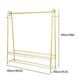 Metal Garment Rack - Alloy Steel Clothing Rack for Hanging Clothes with Mesh Basket | Portable Closet Wardrobe Heavy Duty Load 300 LBS Clothes Rack | Multi-functional Bedroom Clothes Rack, 100*150cm