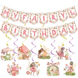 Fairy First Birthday Decorations for Baby Girl - Incluede My Fairy 1st Birthday Banner & Fairy Hanging Swirls Ceiling Decor, NO DIY, Perfect for Whimsical Fairy Tale Themed 1st Birthday Party