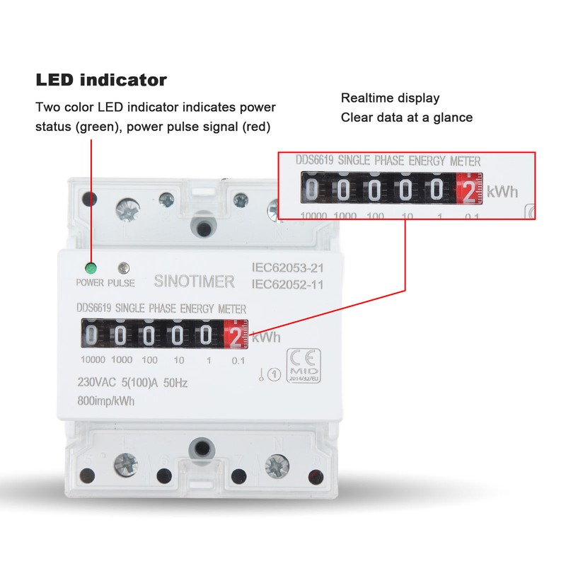 Electricity Watt Hour Meter Dual Color LED Indicator Rail Mount