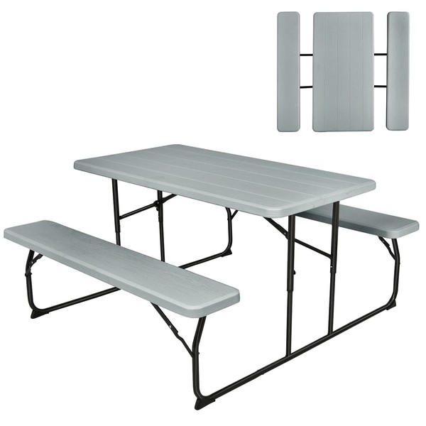 GYMAX Picnic Table, 550 LBS Folding Picnic Tables with Benches