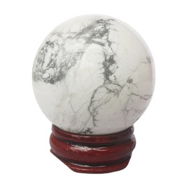 Manekieko White 40 mm Howlite Turquoise Healing Crystal Divination Sphere Sculpture Figure Gemstone Ball, Feng Shui Chakra Aura Home Desk Decor Decorative Collection, with Wooden Stand