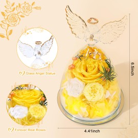 FIACO Gifts for Women Preserved Rose Forever Flower in Glass Angel Figurine Fresh Flowers for Delivery Prime Mothers Day Birthday Gifts for Mom Grandma Wife Sister Yellow