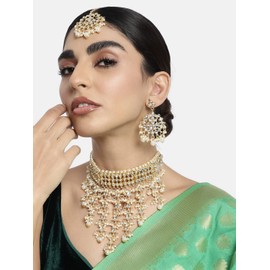 Aheli Traditional Kundan Choker Necklace Set with Earring Maang Tikka Gift for Women Jewellery Set White Stone Kundan