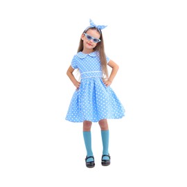 Leadtex - Vestido clásico de los años 50 Audrey con lunares, vestido de fiesta retro de los años 50 para niñas con anteojos, calcetines y diadema., Azul, 5-6 Años