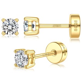 Moissanite Earrings, 925 Sterling Silver Stud Earrings, 2-5 mm 14K Gold-Plated Stud Earrings, VVS1 D Colour Simulated Diamonds, Flat Back, Hypoallergenic Jewellery Gift, Sterling Silver, No Gemstone