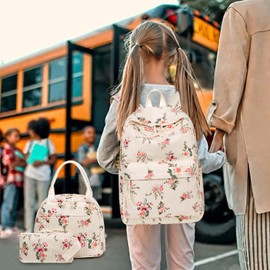 LOIDOU Backpack for Teenagers Girls Bookbags Children's Backpack Kids School Backpack with Lunch Bag Pencil Case School Bag Set for School, Pink Flower Beige, L, Casual