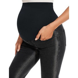 GLAMIX Women's Stretch Maternity Bootcut Jeans with Pockets Over The Belly Bell Bottoms Flare Denim Pants Pregnancy Clothes(Washed Black, XL)