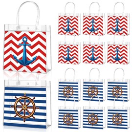 Aliceset 20 Pcs Nautical Clear Gift Bags Bulk with Handles Nautical Party Favor Bags for Sailor Boat Theme Baby Shower Presents Gifts Wrapping Birthday Party Business, 8 x 8 x 3.15 Inch
