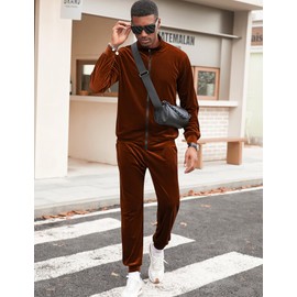 LecGee Men Velour Tracksuit Gym Clothes for Men Workout Set Mens Athletic Sweatsuit Black Sweatpants(BR,M)