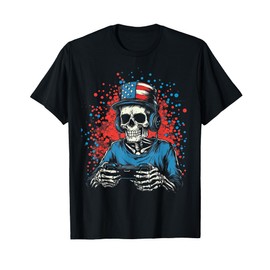 Patriotic Gamer Skeleton 4th of July Uncle Sam Hat Gaming T-Shirt