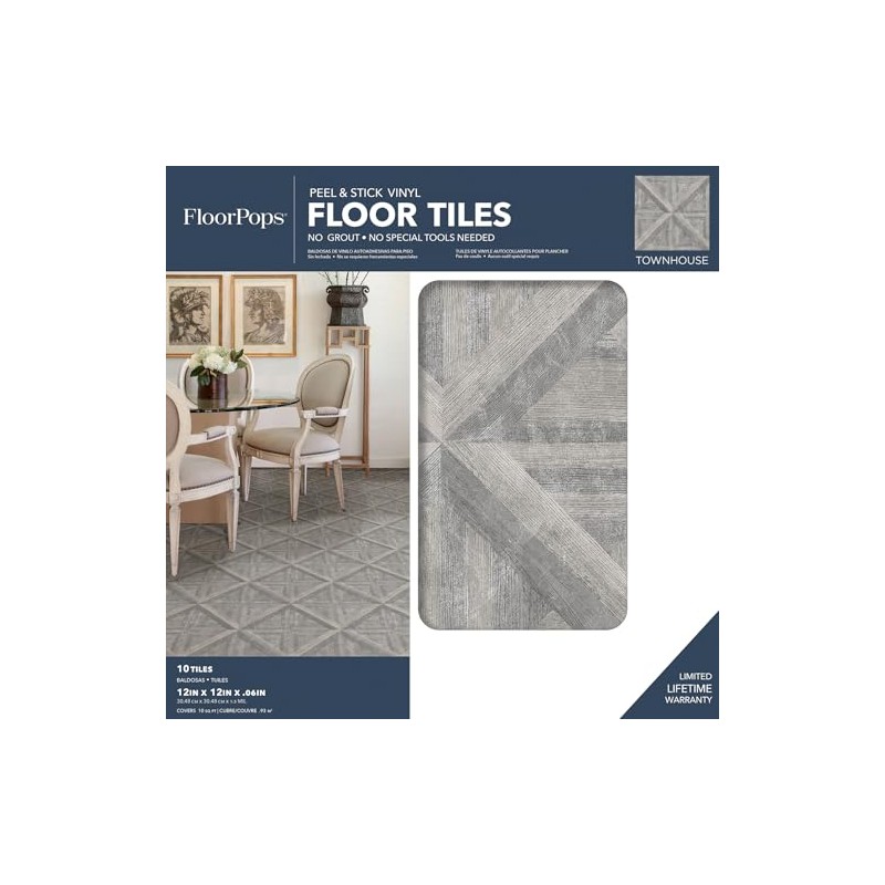 FloorPops FP3295 Townhouse Peel & Stick Floor Tiles, Grey