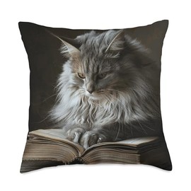 Domestic Longhair Cat Reading Book Throw Pillow