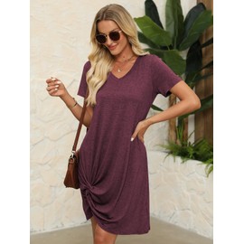 Miselon Womens Casual Short Dress Knot Plain Mini Dresses Summer Beach Dress with Short Sleeves Wine Red XL