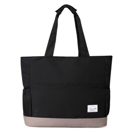 Beach Bag for Women,VASCHY Lightweight Large Water Resistant Sandproof Fold-able Packable Pool Tote Bag w Zipper/Pockets for Vacation Black & Gray