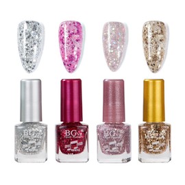 Glitter Nail Polish Set - 4pcs Silver, Gold, Pink, Purple - Quick Dry, Flash Shiny Varnish Kit With Clear Polish and Glitter - Gift for Women