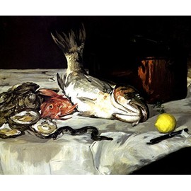 WONDERFULITEMS Fish Still Life PAN Oysters Lemon Knife 1864 French Painting by Manet 16" X 20" Image Size ON Canvas REPRO