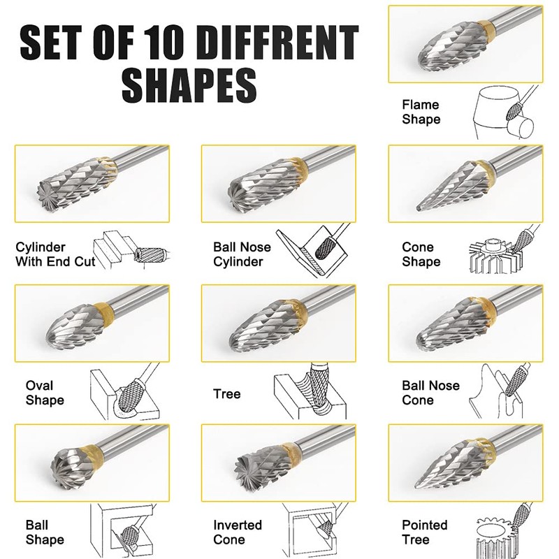 10 Pieces Rotary Cutter Set, Carving Tool Carbide Steel Solid