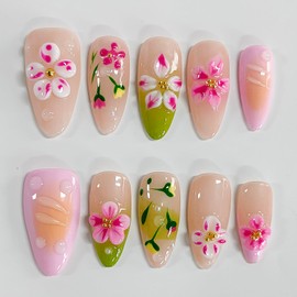 Handmade Press on Nails Almond Medium 3D Floral French Tip Thick Acrylic Fake Nails False Nails with Pink Flower Water Ripple Designs Aesthetics Sturdy Nail Art Press on Nails 10Pcs(M)