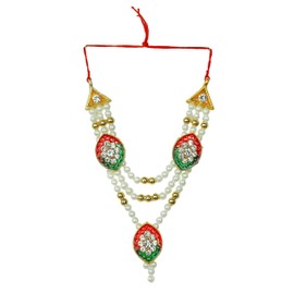 Decorative Moti Mala Beads Set for Laxmi Ganesh Devi Maa Radha Krishna Puja Goddess Haar Sringar Set Deities Jewellery for Traditional Festival God Statue(Size:-1.5")(Red,Green & White)