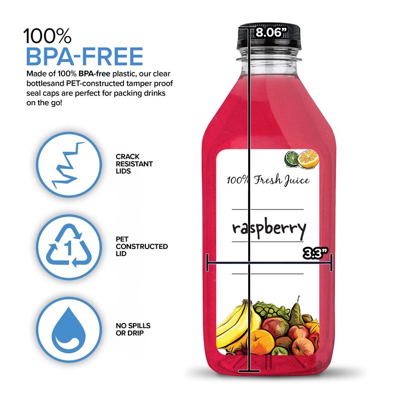 32 Oz Juice Bottles with Caps (6 Pack) - Reusable