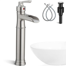 HEYMYTAP Brass Vessel Sink Faucet Brushed Nickel Waterfall Bathroom Faucet Tall 1 Hole, Single Handle with Pop-up Drain & Water Hoses for Bathroom Vanity Vessel Sink