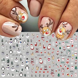 Christmas Nail Art Stickers Winter Snowflake Penguin Nail Decals 6PCS Santa Claus Snowman Elk Xmas Tree Cartoon 3D Self-Adhesive Nail Art Supplies Christmas Stickers for Nails DIY Manicure Decorations