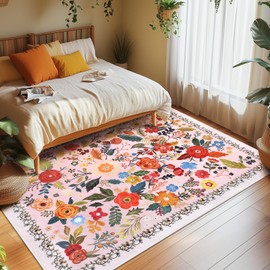 GODUCK Living Room Rug, 5x7 Rug Machine Boho Washable Area Rug, Non Slip Vintage Low Pile Floral Rugs for Living Room, Bedroom, Farmhouse, Dining Room, Kids Playroom