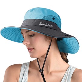 ZOORON 1 Pack Women's Ponytail Safari Sun Hat,Wide Brim UV Protection Outdoor Bucket Hat,Foldable Beach Summer Fishing Hat