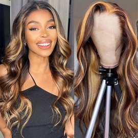 newnavat Honey Blonde Lace Front Wig Human Hair Glueless Wigs Human Hair Pre Plucked 13x4 HD Body Wave Lace Front Wigs 4/27 Colored Highlight Ombre Lace Front Wigs For Black Women Human Hair (20in)