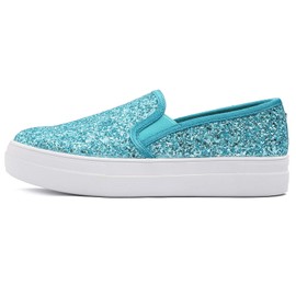 FEVERSOLE Mocasines planos informales para mujer, Plataforma turquesa con purpurina, 9.5 US