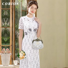 CORIOS Vintage 1920s Beaded Evening Bag Pearl Clutch Bag for Women Bridal Wedding Purse Sequin Rhinestone Handbag Exquisite Handmade Embroidery Floral Shoulder Bag Glitter Crossbody Bag Silver