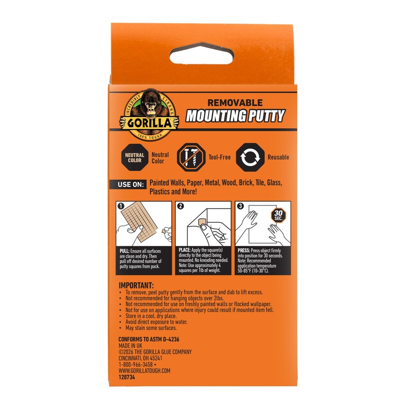 Gorilla Mounting Putty, Natural Tan Color, 168 Pre-Cut Squares (Pack