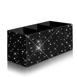 Bling Makeup Brush Holder Organizer, 3 Slot Sparkle Cosmetics Brushes Storage Holders with Shiny Rhinestones, Glitter Cute Pen and Pencil Holder for Desk, Eyeliners Display Case for Vanity (black)