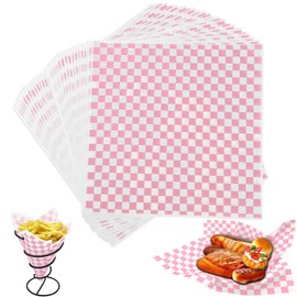12x12 Inch Checkered Waxed Deli Paper-100 Sheets, Greaseproof Food Basket Liners, pink Wrapping Paper-Pink