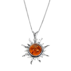 Sterling Silver & Baltic Amber Flaming Sun Pendant on Chain/Necklace - Chain 22"