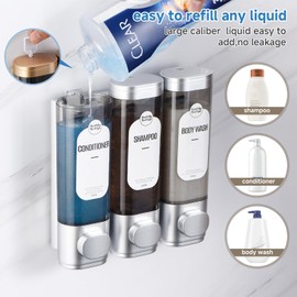 Shampoo and Conditioner Dispenser, Refillabe Shower Soap Dispensers 3 Chamber No Drill Shampoo Dispenser for Shower Wall Mounted 3 * 300ml Container for Bathroom Hotel (Sliver 3 Chamber)
