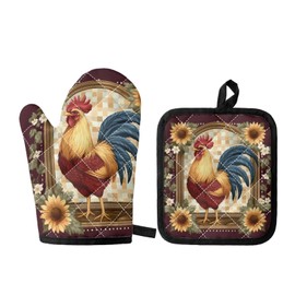 Biyejit Sunflower and Rooster Oven Mitts and Pot Holder Set of 2, Soft Pads Heat Resistant Kitchen Accessories Multi-use Cooking Protector Non-Slip Insulated Mats