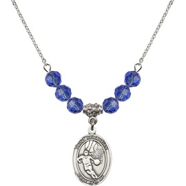 Bonyak Jewelry 18 Inch Rhodium Plated Necklace w/ 6mm Blue September Birth Month Stone Beads and Saint Sebastian/Basketball