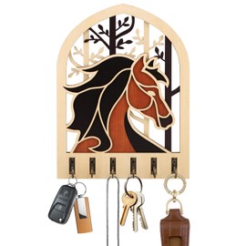 DRMFLE DIY Wooden Key Holder, Key Hooks with 6 Hooks Wall Mounted, Black Brown Horse-Shaped Key Hangers for Living Room, Kitchen, Office